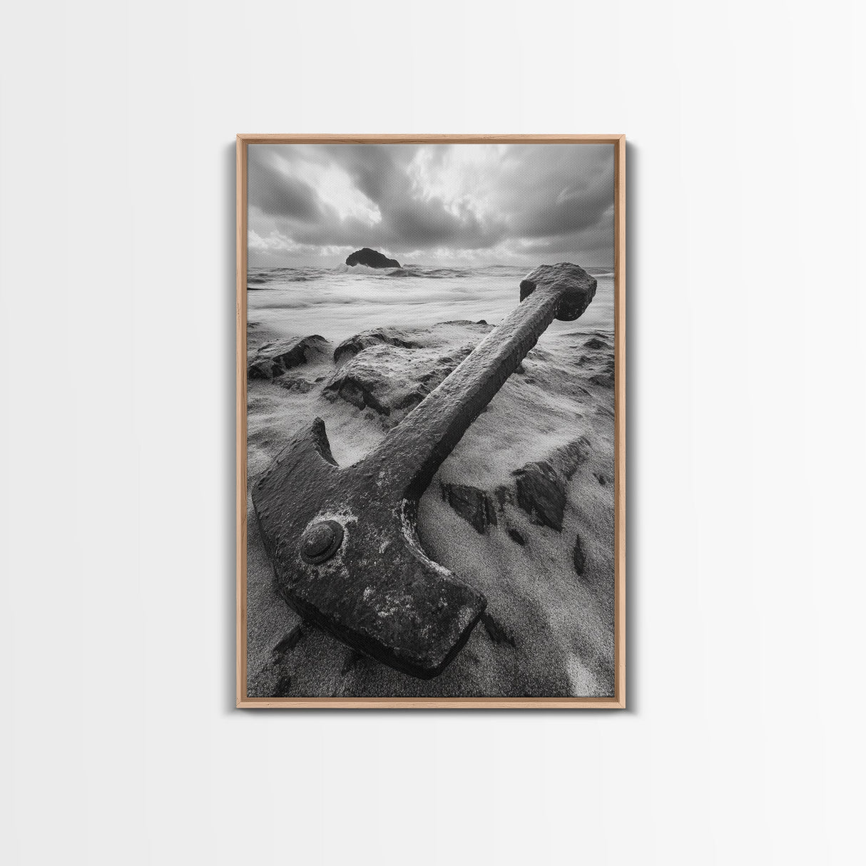 Ocean anchor scene, nautical coastal vibes, shipwreck inspiration, stormy sky, Framed Canvas Print, entryway art, maritime wall decor