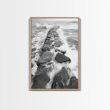 Rocky surf path, ocean jetty power, dramatic sea waves, black white beachscape, Canvas Print, bathroom wall art, nautical minimalist decor