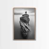 Solitary Cliff Tree, Calm Waters, Moody Horizon, Framed Canvas Print, Minimalist Nature Wall Art, Office Wall Decor, Zen Art