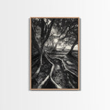 Sunlit Forest Roots, Tree Shadows, Golden Light, Framed Canvas Print, Boho Nature Wall Art, Bedroom Wall Decor, Earthy Tones