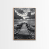 Ocean Pier Sunset, Dramatic Clouds, Seascape Pathway, Canvas Print, Coastal Living Room Art, Tranquil Decor, Minimalist Style