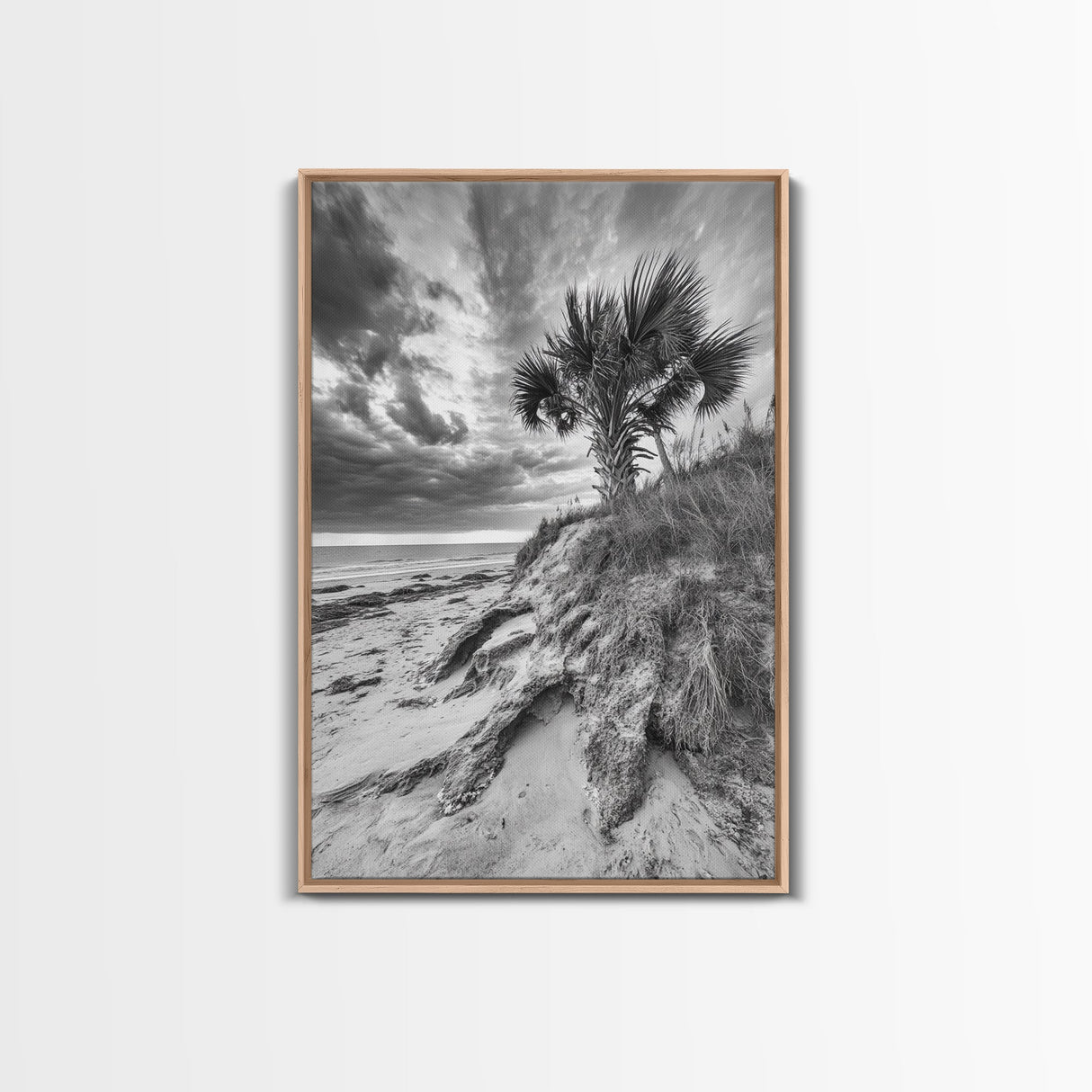 Palm Tree Beach, Coastal Dunes, Dramatic Sky, Framed Canvas Print, Tropical Wall Art, Boho Living Room Decor, Beach House Art