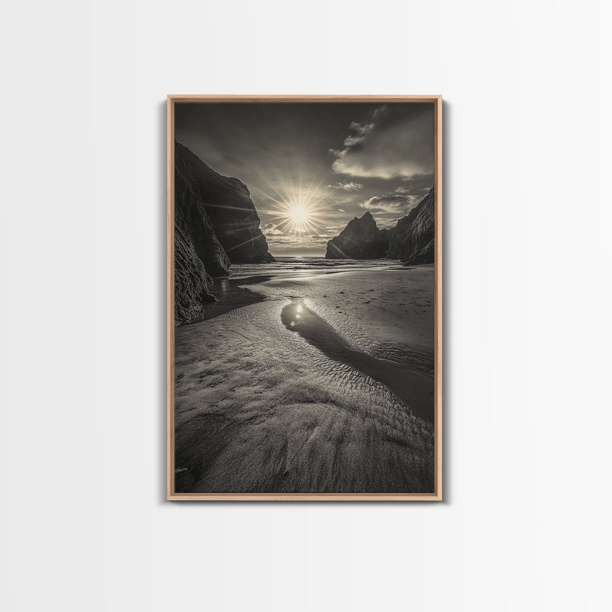 Secluded Beach, Sunset Glow, Reflected Light, Framed Canvas Print, Tranquil Ocean Wall Art, Modern Bedroom Decor, Zen Vibes