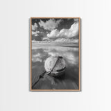 Washed buoy shore, coastal solitude, beach reflections, nautical simplicity, Framed Canvas Print, guest room art, seaside rustic wall decor