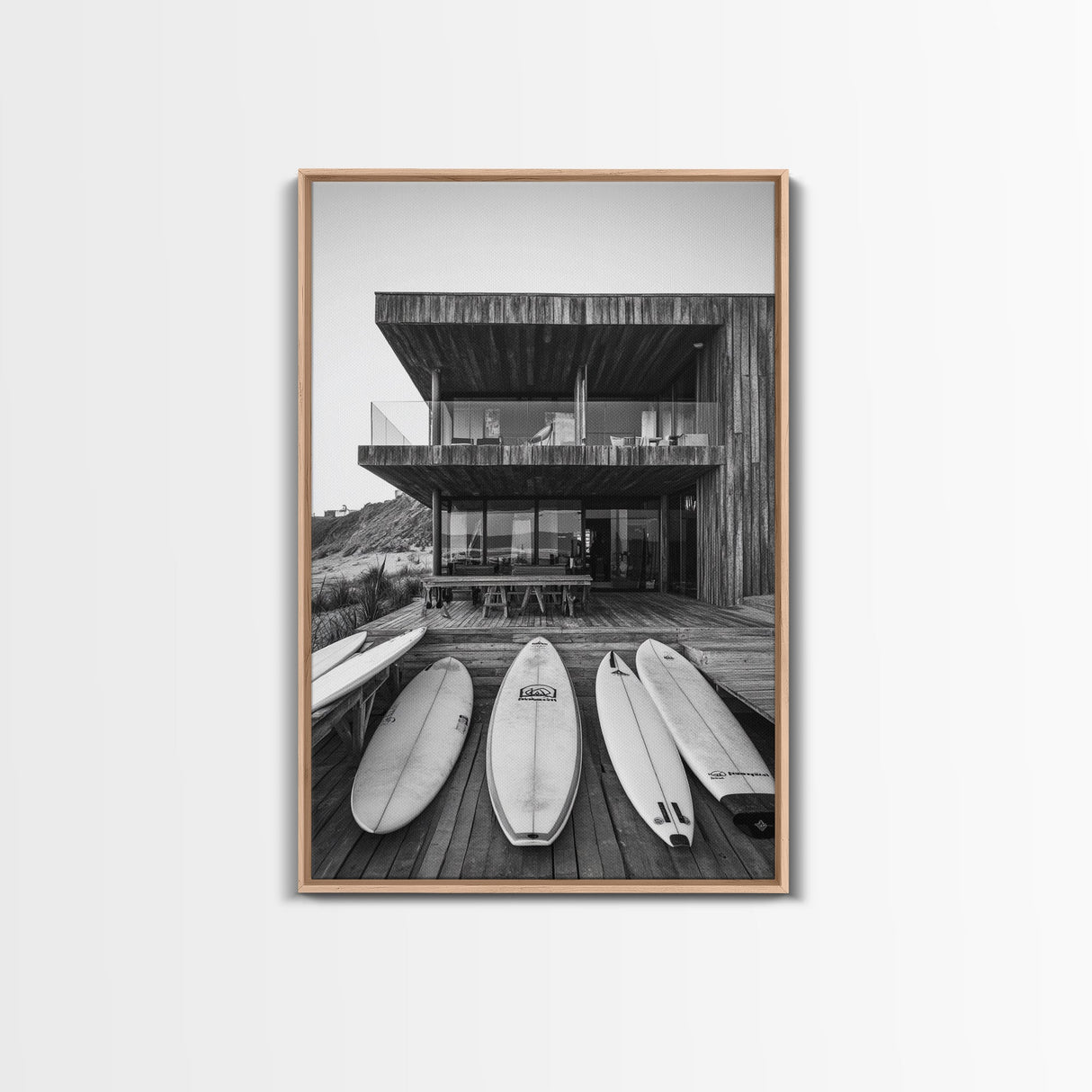 Surf Shack, Beach House, Modern Architecture, Coastal Lifestyle, Framed Canvas Print, Living Room Art, Nautical Wall Decor, Surf Wall Art