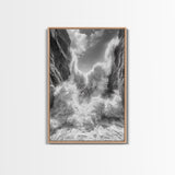 Ocean Splash, Cliff Waves, Nature Power, Dramatic Seascape, Framed Canvas Print, Living Room Statement, Black and White Wall Art