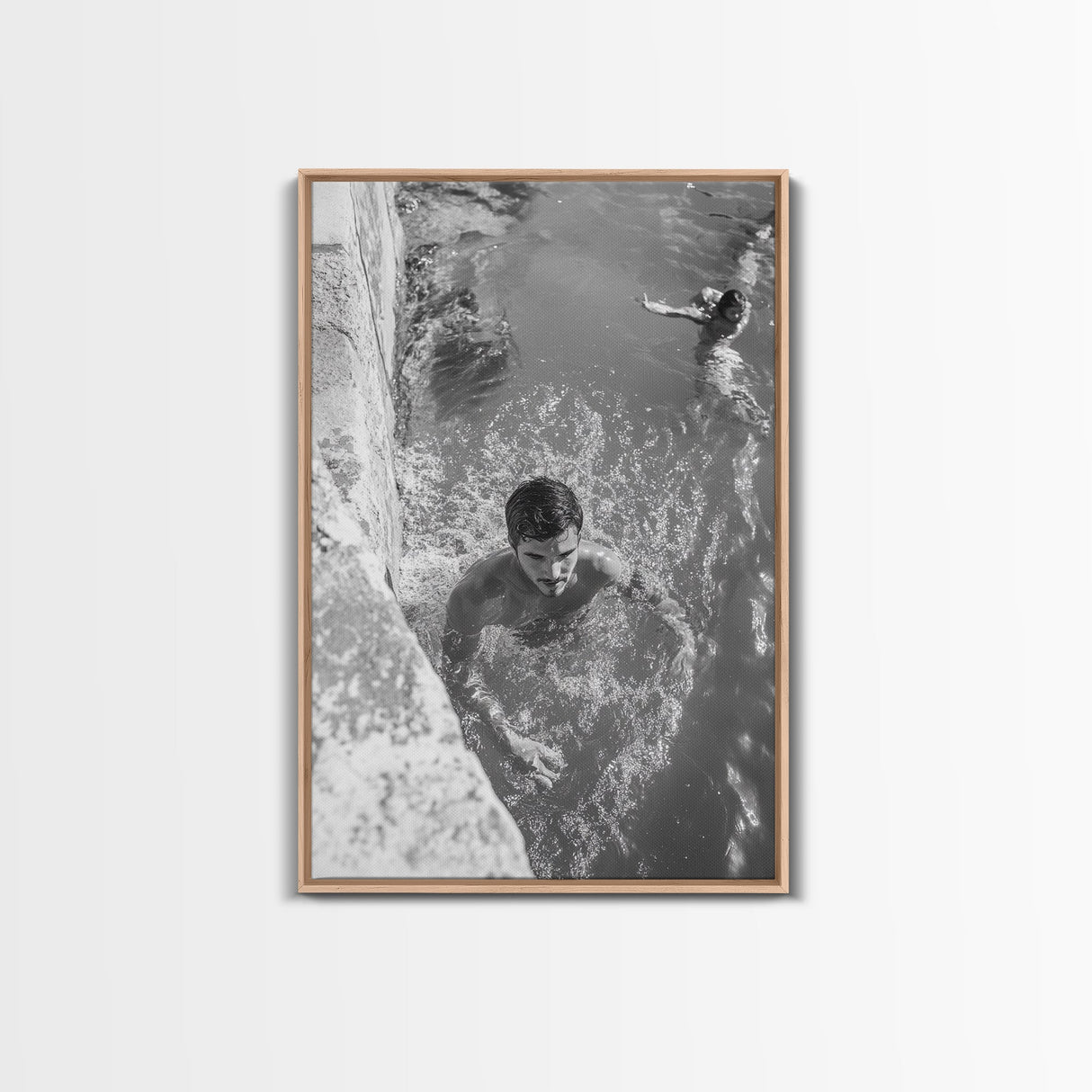 Swimmers, Summer Water, Beach Moment, Candid Photography, Framed Canvas Print, Bathroom Wall Art, Youthful Energetic Decor