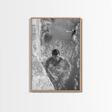 Swimmers, Summer Water, Beach Moment, Candid Photography, Framed Canvas Print, Bathroom Wall Art, Youthful Energetic Decor