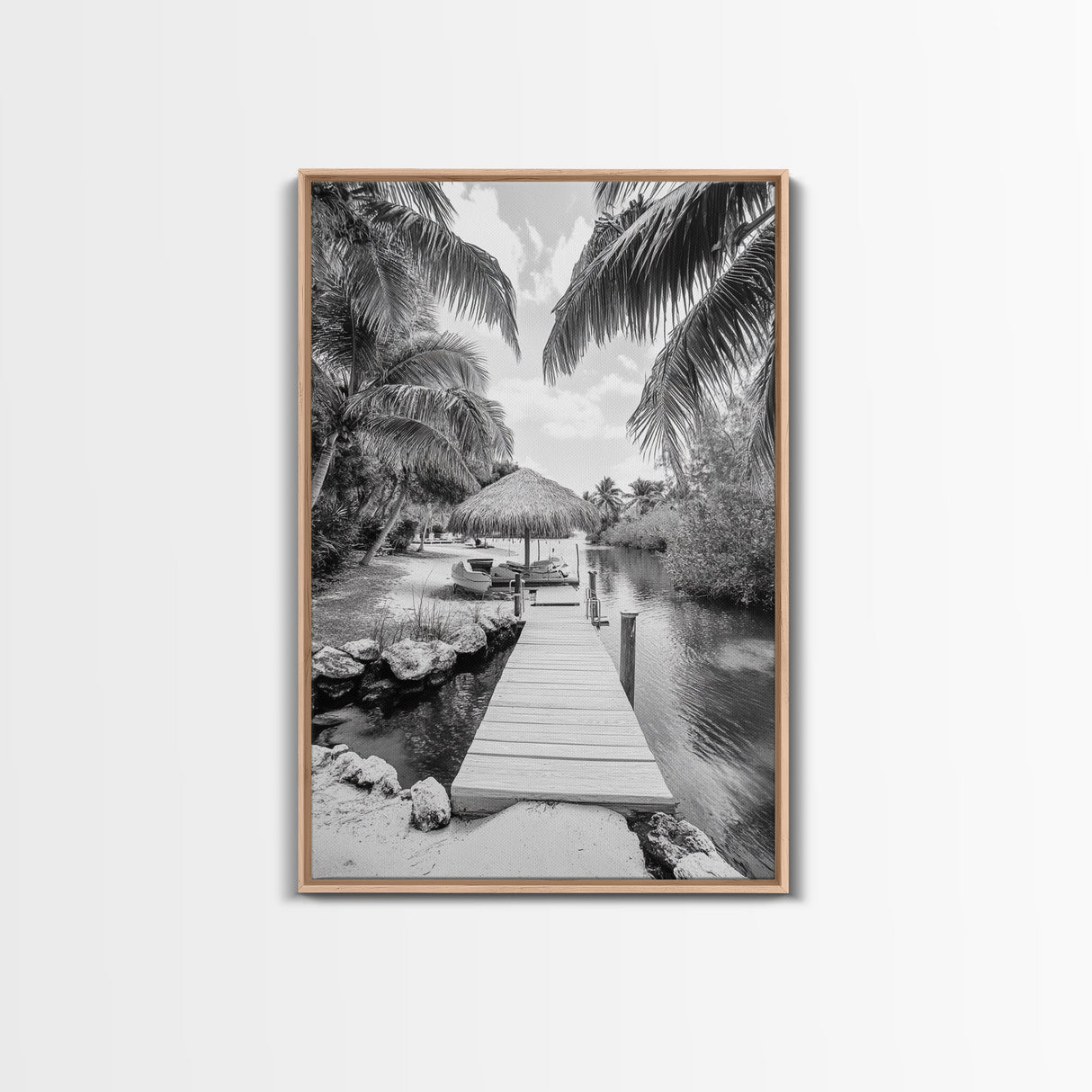 Tropical Dock, Island Escape, Palm Tree Beach, Secluded Lagoon, Canvas Print, Coastal Kitchen Art, Boho Tropical Wall Decor