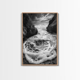 Sea Whirlpool, Dramatic Ocean, Coastal Rocks, Nature Motion, Framed Canvas Print, Bathroom Art, Modern Seaside Wall Decor