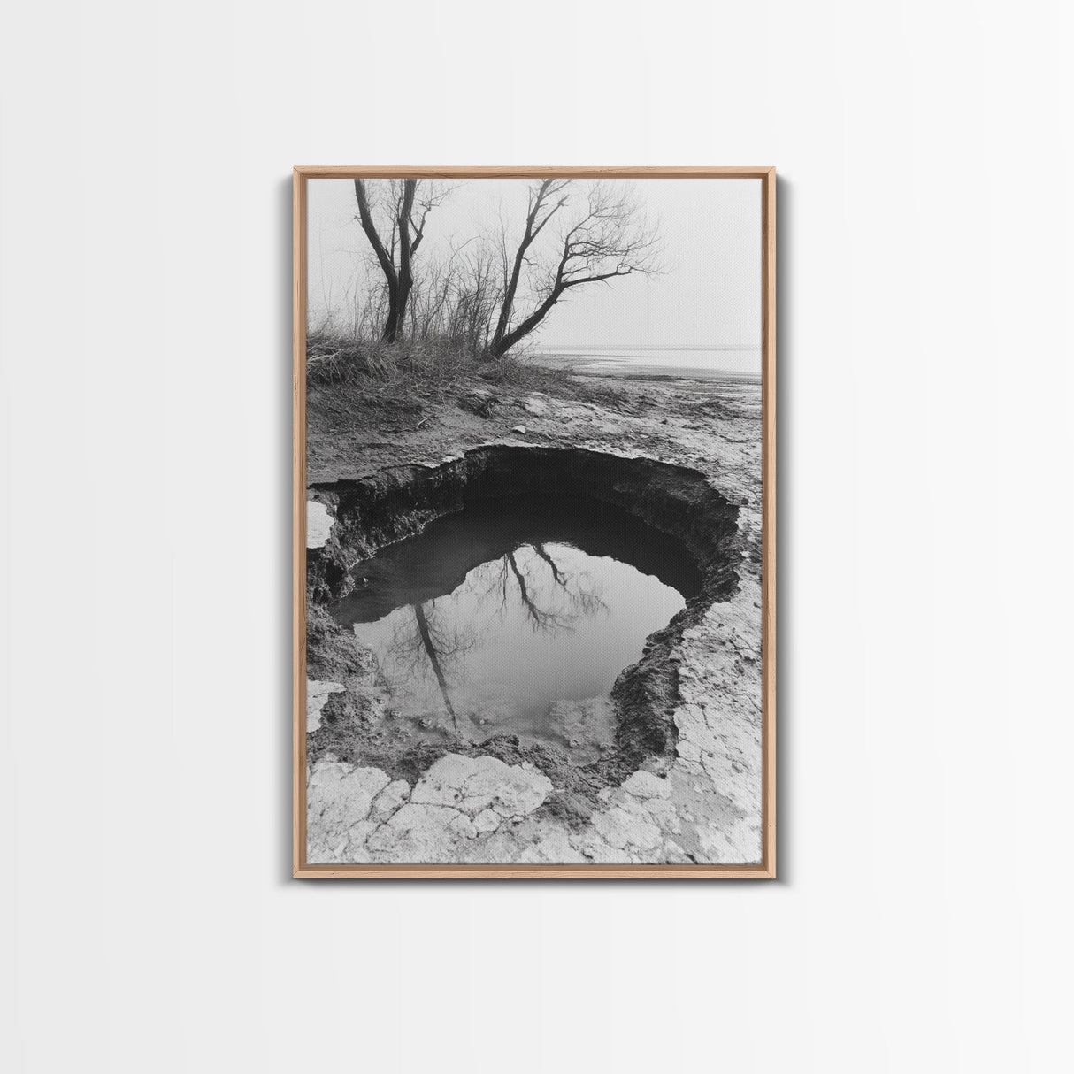 Reflected Trees Pool, Black White Nature, Moody Autumn Wall Art, Rustic Minimalist Style, Framed Canvas Print, Entryway Home Decor
