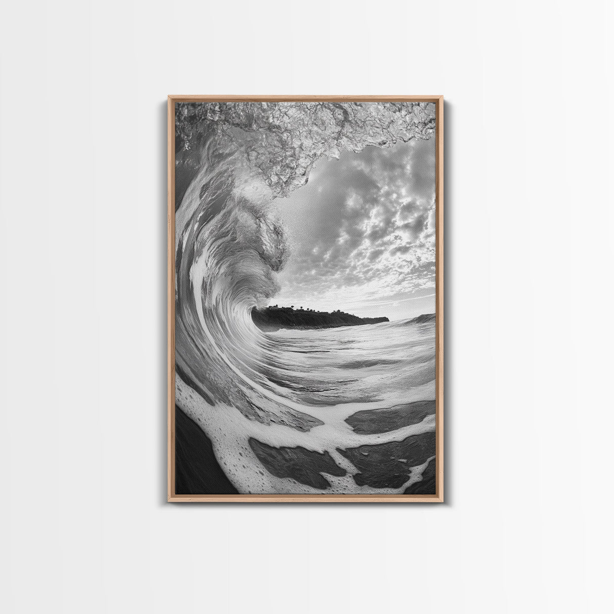 Ocean Wave Tunnel, Surfer's Eye View, Coastal Landscape, Bathroom Wall Art, Adventure Vibes, Framed Canvas Print, Black White Photography