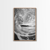 Ocean Wave Tunnel, Surfer's Eye View, Coastal Landscape, Bathroom Wall Art, Adventure Vibes, Framed Canvas Print, Black White Photography