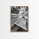 Map On Beach, Travel Adventure Art, Wanderlust Decor, Coastal Office Style, Framed Canvas Print, Explorer Aesthetic, Black White Scene