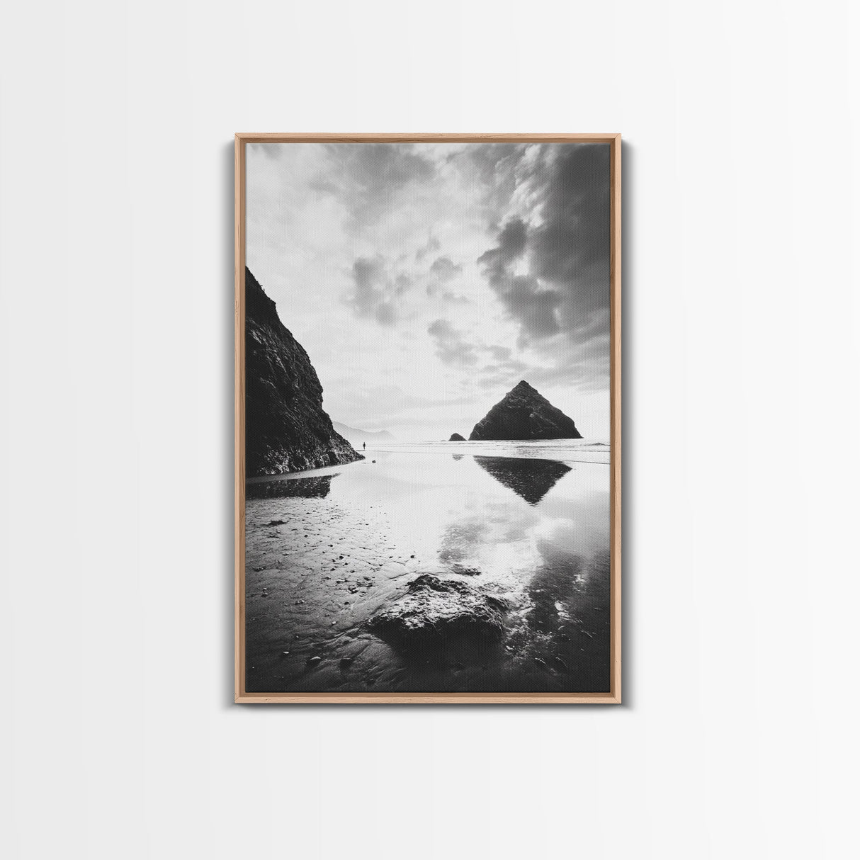Remote beach reflection, lone hiker wanderlust, coastal rockscape, black white dreamscape, Framed Canvas Print, living room moody decor