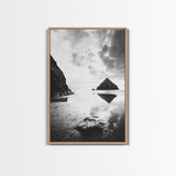 Remote beach reflection, lone hiker wanderlust, coastal rockscape, black white dreamscape, Framed Canvas Print, living room moody decor