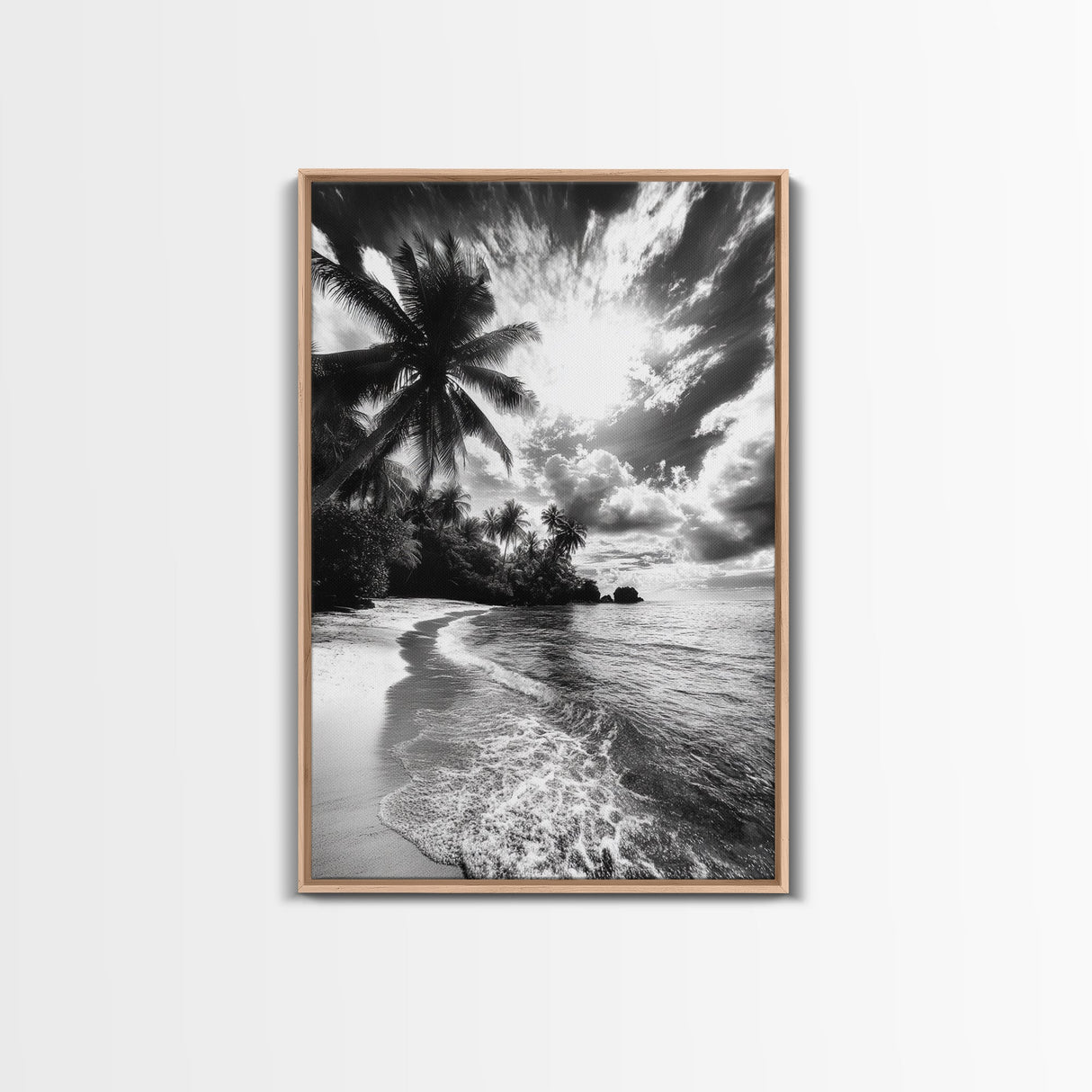 Tropical Sunset Beach, Palms and Waves, Cloudy Skies, Island Vibes, Framed Canvas Print, Coastal Wall Art, Beach House Decor