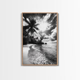 Tropical Sunset Beach, Palms and Waves, Cloudy Skies, Island Vibes, Framed Canvas Print, Coastal Wall Art, Beach House Decor