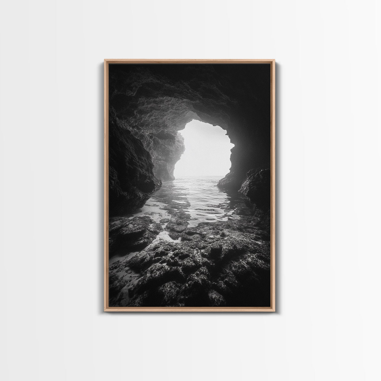 Sea Cave Entrance, Ocean Grotto, Light Escape, Rocky Tide, Canvas Print, Bathroom Wall Art, Black and White Seascape Photo