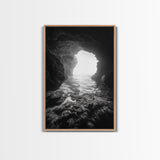 Sea Cave Entrance, Ocean Grotto, Light Escape, Rocky Tide, Canvas Print, Bathroom Wall Art, Black and White Seascape Photo