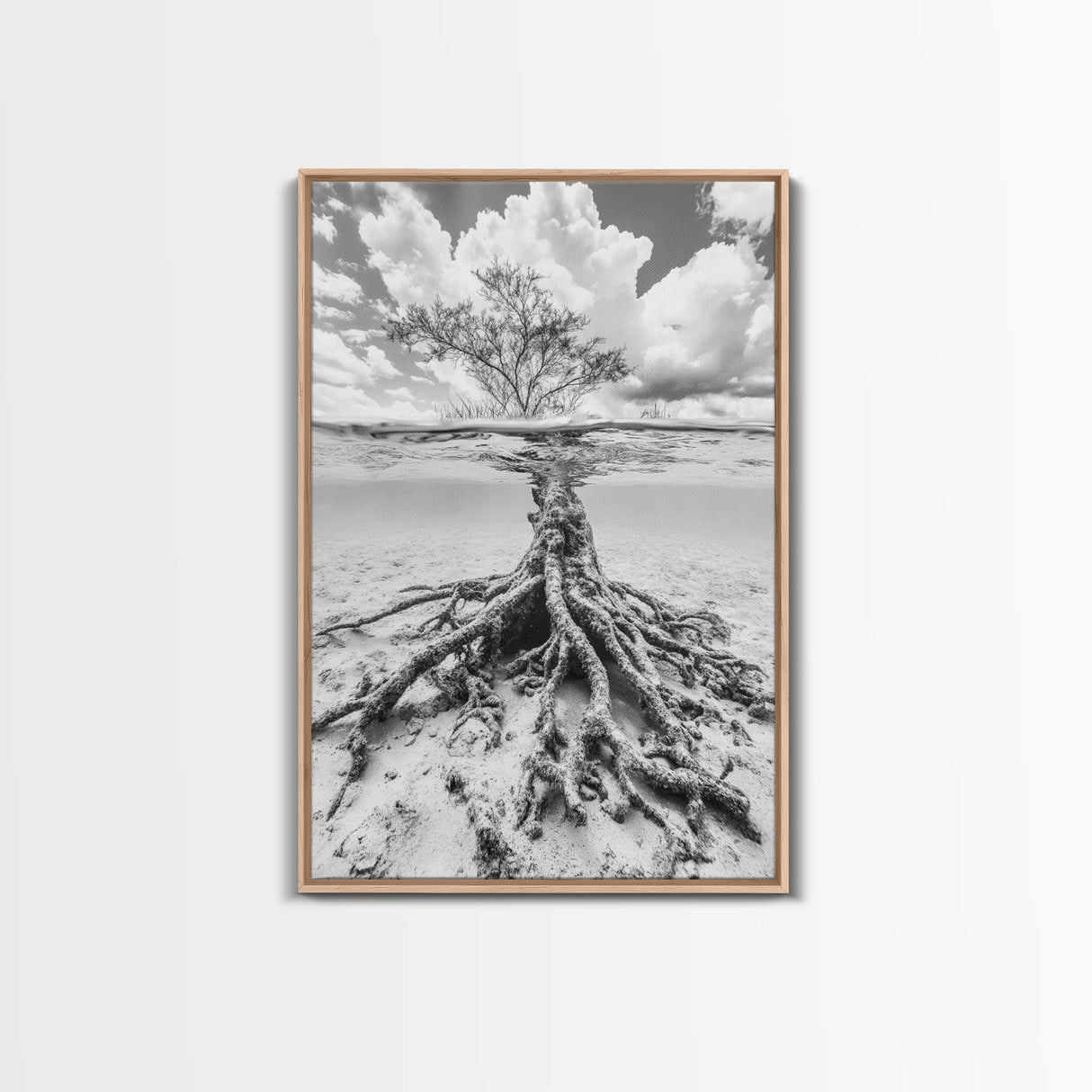Half Underwater Tree, Split View Nature, Aquatic Roots, Stormy Skies, Framed Canvas Print, Coastal Wall Art, Unique Nature Photography