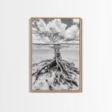 Half Underwater Tree, Split View Nature, Aquatic Roots, Stormy Skies, Framed Canvas Print, Coastal Wall Art, Unique Nature Photography