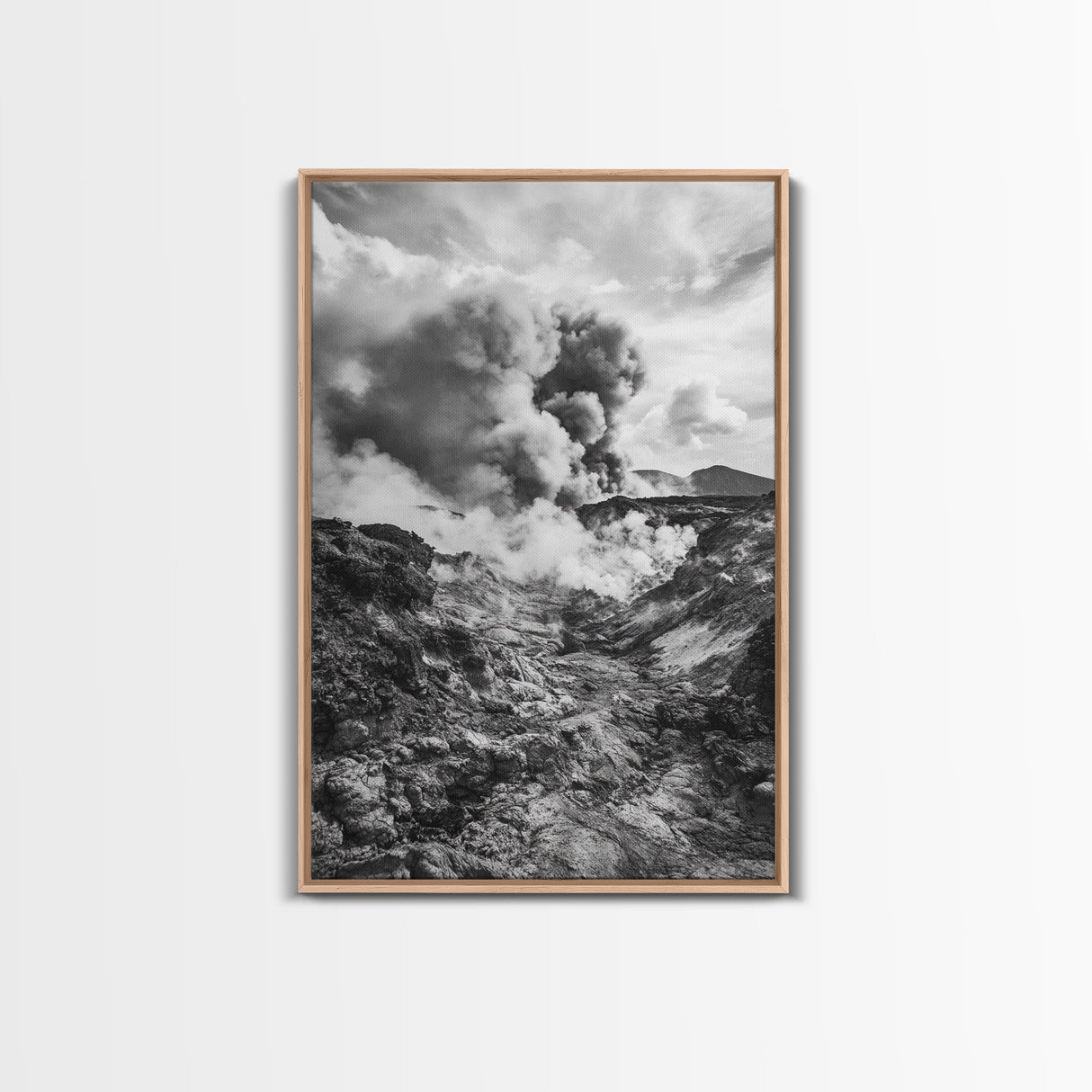 Volcanic Eruption Smoke, Lava Rocks, Earth Energy, Fiery Terrain, Framed Canvas Print, Office Wall Art, Dramatic Nature Landscape