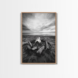 Coastal campfire glow, serene seaside bonfire, sunset flames, sandy warmth, Framed Canvas Print, Fall decor, cozy cabin wall art