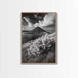 Majestic Volcano, Wild Grass, Black and White, Framed Canvas Print, Nature Photography, Office Decor, Moody Art, Rustic Wall Art