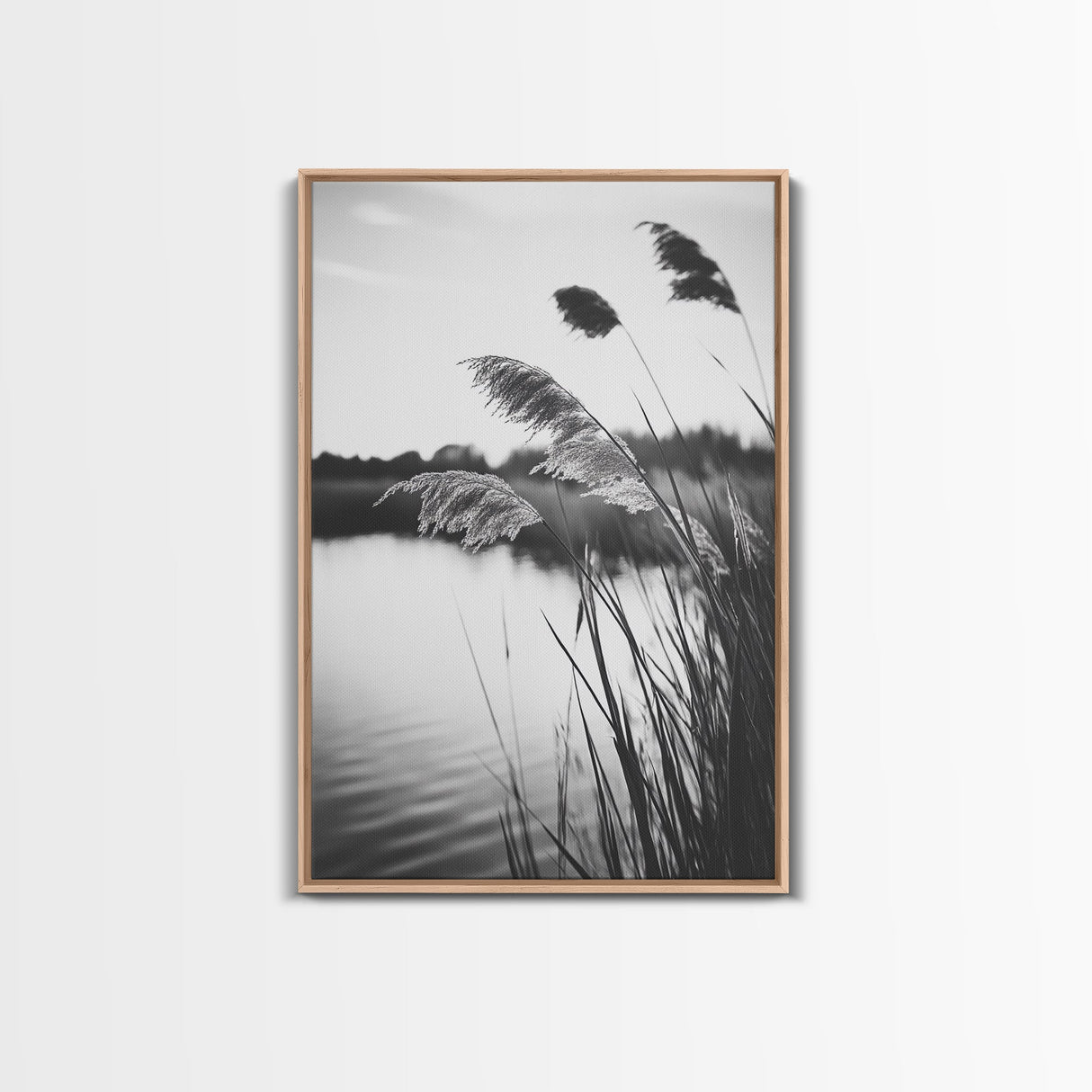 Reed Grass, Gentle Breeze, Black and White Nature, Canvas Print, Minimalist Wall Art, Tranquil Lake Scene, Bedroom Decor