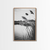 Reed Grass, Gentle Breeze, Black and White Nature, Canvas Print, Minimalist Wall Art, Tranquil Lake Scene, Bedroom Decor