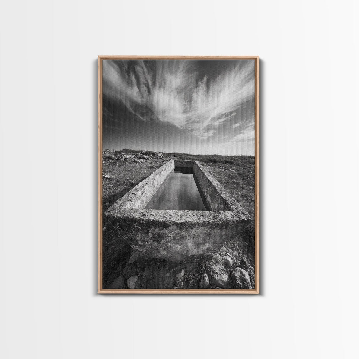 Stone Water Trough, Wild Horizon, Rustic Scene, Framed Canvas Print, Country Farm Decor, Outdoor Living Art, Neutral Wall Accent