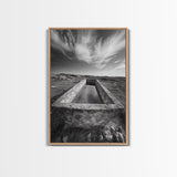 Stone Water Trough, Wild Horizon, Rustic Scene, Framed Canvas Print, Country Farm Decor, Outdoor Living Art, Neutral Wall Accent