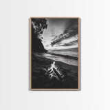 Shoreline fire night, beach flames, evening waves, rustic warmth, Canvas Print, Autumn decor, outdoor adventure minimalist wall art