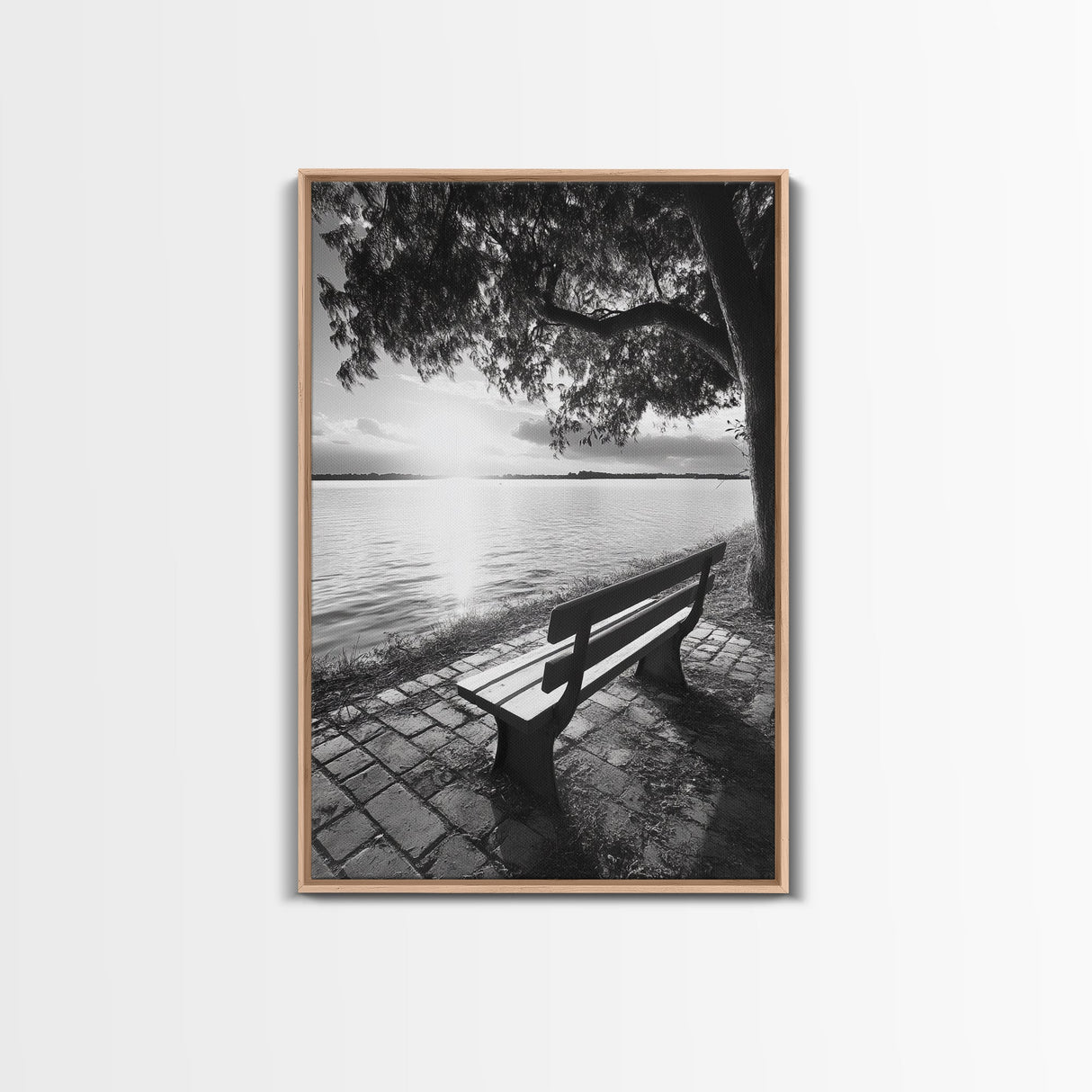 Peaceful Lake Bench, Tranquil Sunrise, Tree Shade View, Nature Serenity, Framed Canvas Print, Minimalist Art, Bedroom Wall Decor