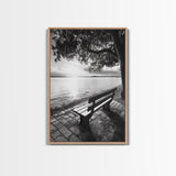 Peaceful Lake Bench, Tranquil Sunrise, Tree Shade View, Nature Serenity, Framed Canvas Print, Minimalist Art, Bedroom Wall Decor