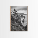 Oregon Coastline View, Misty Cliffs, Evergreen Forest, Coastal Vibes, Framed Canvas Print, Rustic Cabin Art, Living Room Wall Decor