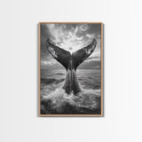 Whale Tail Splash, Ocean Sunset, Marine Majesty, Powerful Moment, Framed Canvas Print, Nautical Art, Coastal Living Room Decor