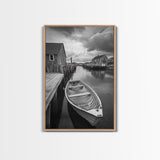 Docked Rowboat Scene, Calm Harbor, Coastal Village, Still Waters, Framed Canvas Print, Seaside Art, Beach House Wall Decor