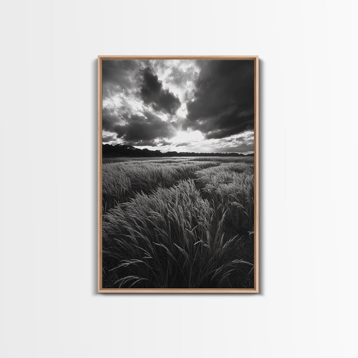 Golden Grass Field, Dramatic Sunset, Autumn Skies, Nature Movement, Framed Canvas Print, Fall Landscape Art, Living Room Decor