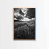 Golden Grass Field, Dramatic Sunset, Autumn Skies, Nature Movement, Framed Canvas Print, Fall Landscape Art, Living Room Decor