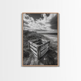 Weathered Crate, Ocean Dunes, Coastal Photography, Canvas Print, Beach House Wall Art, Minimalist Rustic Decor, Bathroom Wall Art