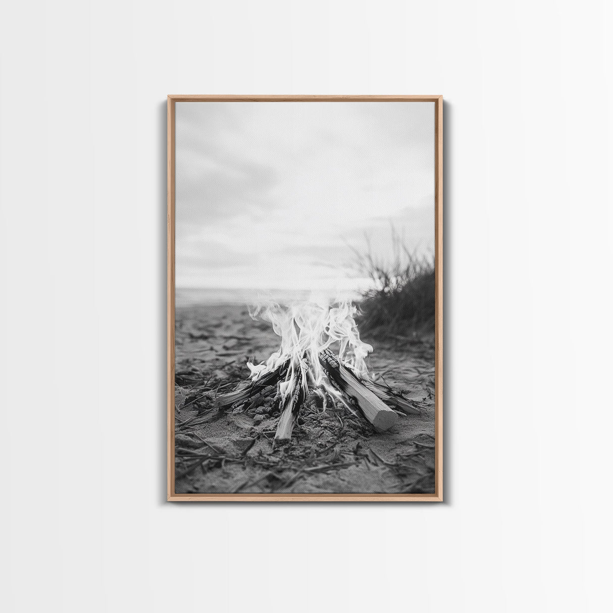 Campfire, Beach, Smoke, Glow - Cozy outdoor scene with flickering flame, Canvas Print, perfect rustic cabin or camping decor, Autumn Wall Art
