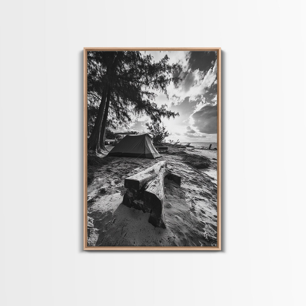 Tent, Beach, Sunset, Trees - Rustic camping coastal escape vibe, Framed Canvas Print, ideal bedroom or adventure nursery decor, outdoor art