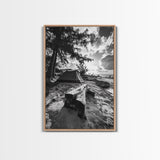 Tent, Beach, Sunset, Trees - Rustic camping coastal escape vibe, Framed Canvas Print, ideal bedroom or adventure nursery decor, outdoor art