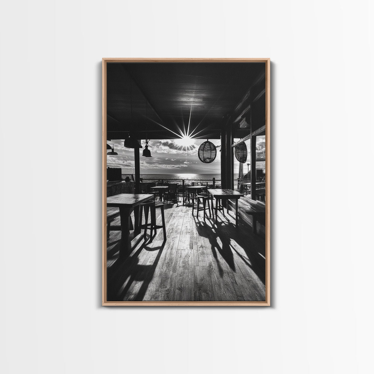Ocean, Deck, Sunset, Rays - Golden hour beach bar shadows, Canvas Print, perfect dining room or kitchen wall art, rustic coastal decor