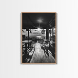 Ocean, Deck, Sunset, Rays - Golden hour beach bar shadows, Canvas Print, perfect dining room or kitchen wall art, rustic coastal decor