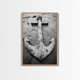Abandoned Anchor, Nautical Decor, Black White Beach, Framed Canvas Print, Rustic Coastal Wall Art, Entryway Nautical Accent
