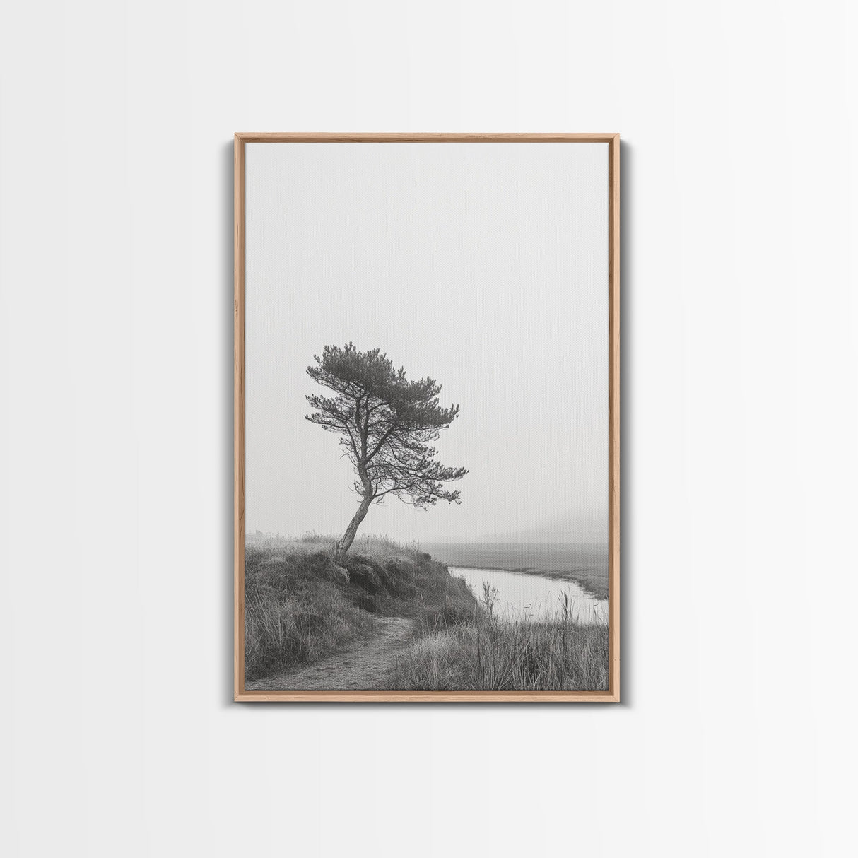 Leaning Tree Path, Soft Fog Scene, Calm Landscape, Canvas Print, Serene Entryway Wall Art, Nature Photography, Minimalist Decor