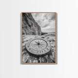 Compass On Cliff, Adventure Travel Art, Nautical Wall Decor, Framed Canvas Print, Rustic Office Art, Nature Explorer Gift Idea